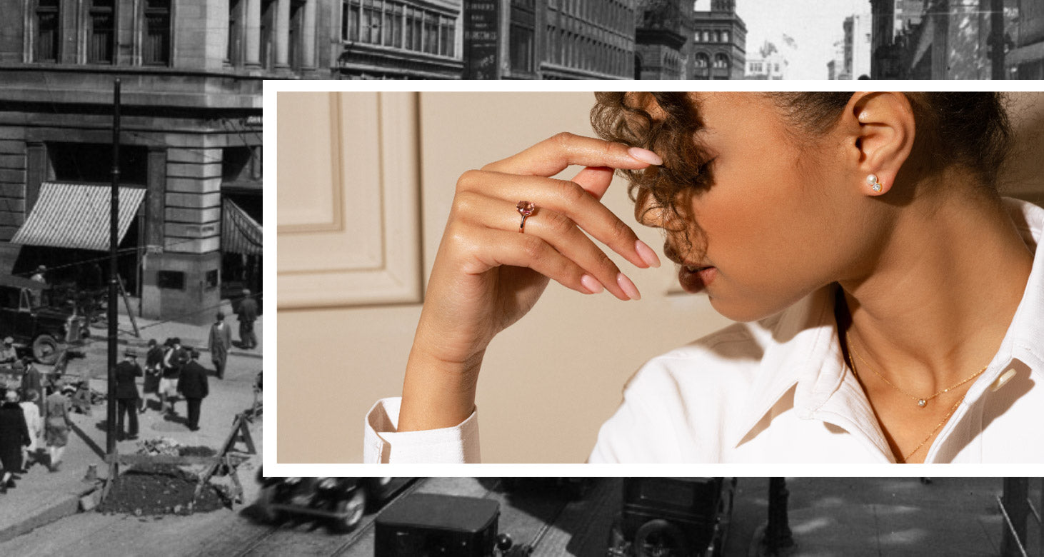 Model wears Canadian-made 14K Rose Gold ring, Akoya Pearl stud earrings, & 18K Yellow Gold diamond necklace.