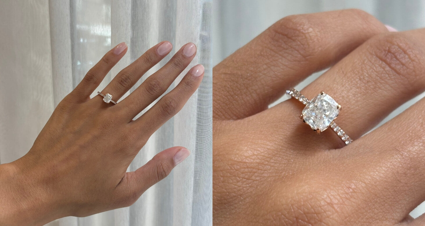 A Canadian-made 14K rose gold engagement ring with a cushion cut diamond and pavé band, shown on a woman's hand.