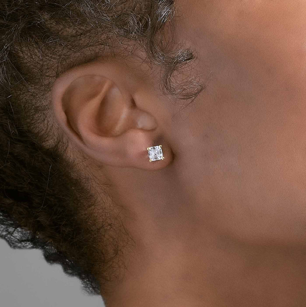 Model wearing Jewellers District's Asscher-Cut Diamond Stud Earrings in 14k Rose Gold, Lab-grown 1.40 ctw, VS2+/ F+ #3