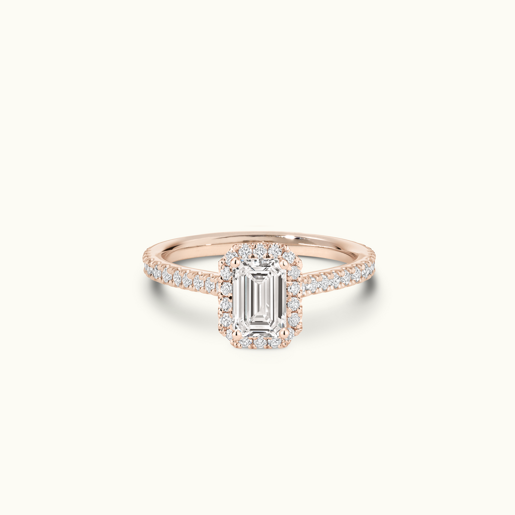 Jewellers District's Cathedral-Setting Diamond Halo Engagement Ring with Diamond Band in 14k Rose Gold, Emerald