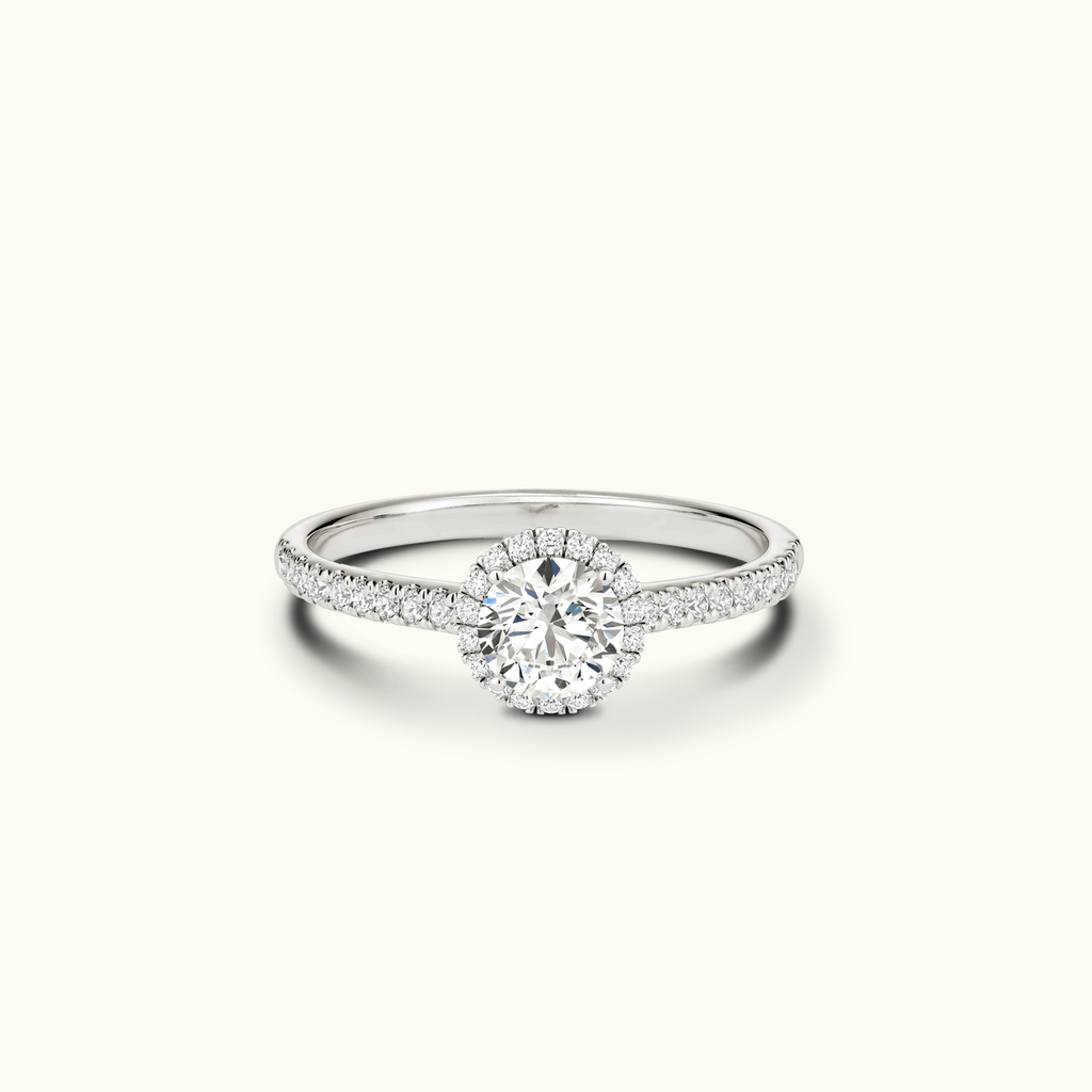 Jewellers District's Diamond Halo Engagement Ring with Diamond Bridge in 14k White Gold, Round