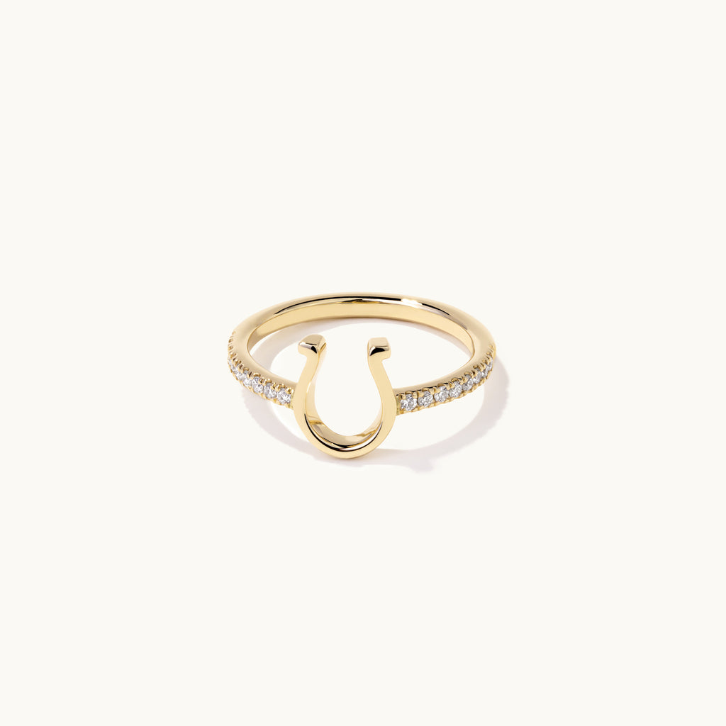 Face view of Jewellers District's Horseshoe Gold Ring with Diamond Band in 14k Yellow Gold