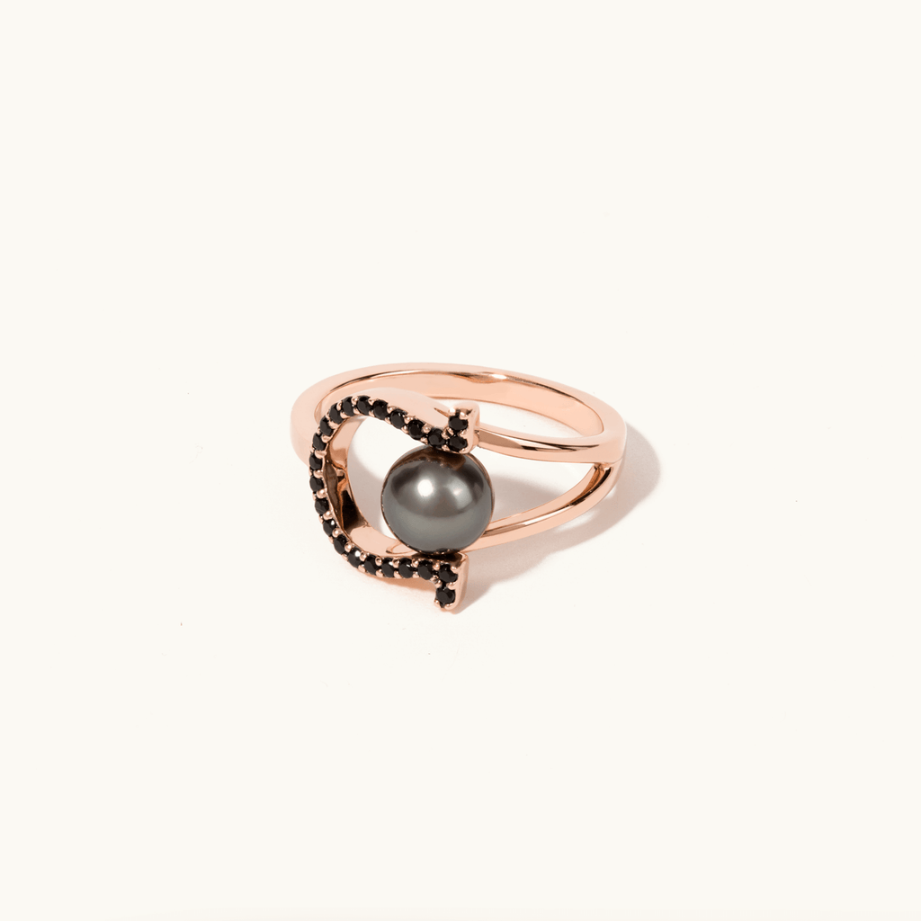 Face view of Jewellers District's Horseshoe Tahitian Pearl Ring with Black Spinels in 14k Rose Gold