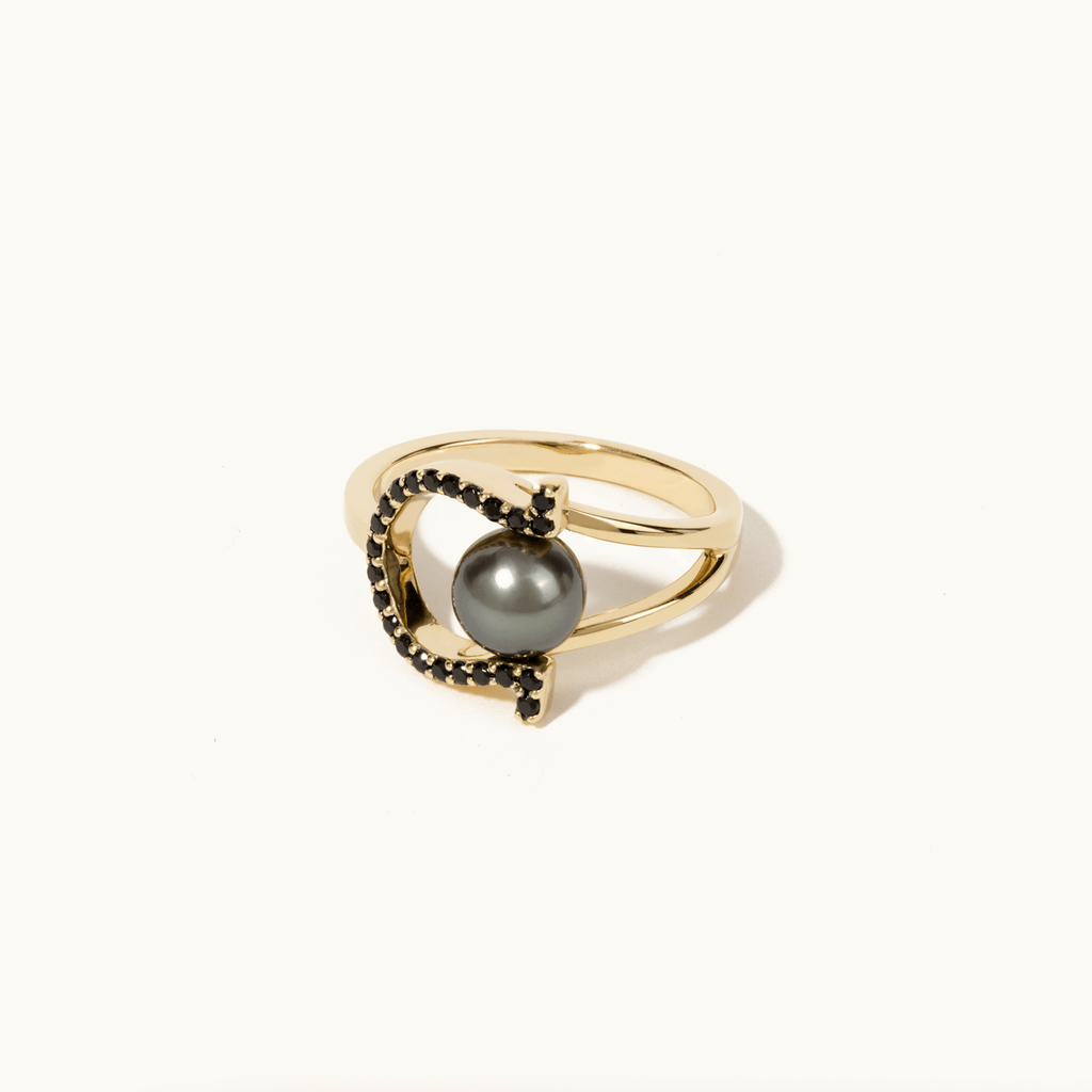 Face view of Jewellers District's Horseshoe Tahitian Pearl Ring with Black Spinels in 14k Yellow Gold