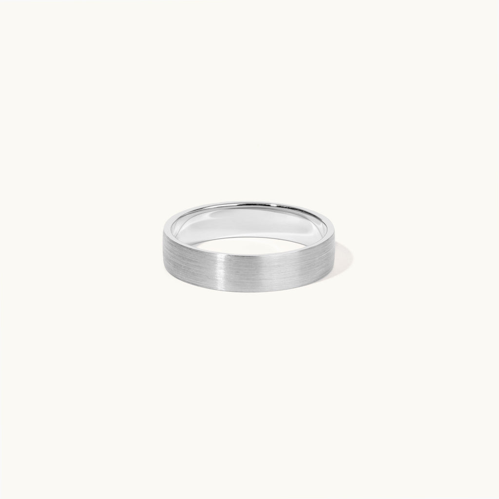 Face view of Jewellers District's Flat Brushed Wedding Ring in 14k White Gold, Band: 5mm