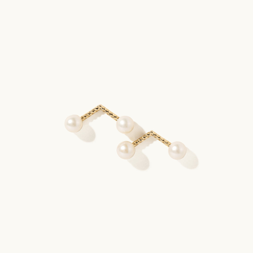 Face view of Jewellers District's Cherry Stem Freshwater Pearl Earrings in 14k Yellow Gold