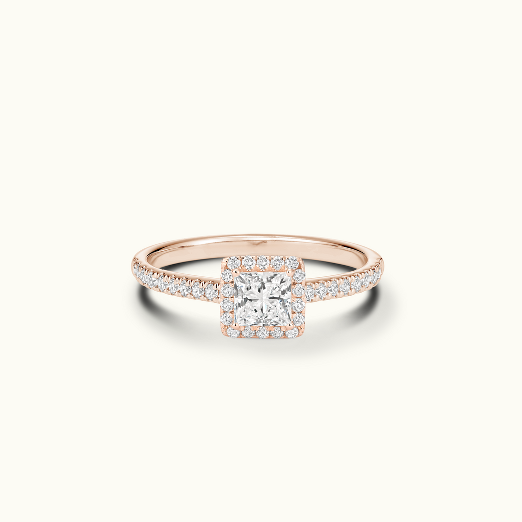 Jewellers District's Diamond Halo Engagement Ring with Diamond Bridge in 14k Rose Gold, Princess