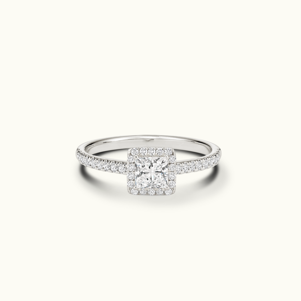 Jewellers District's Diamond Halo Engagement Ring with Diamond Bridge in 14k White Gold, Princess