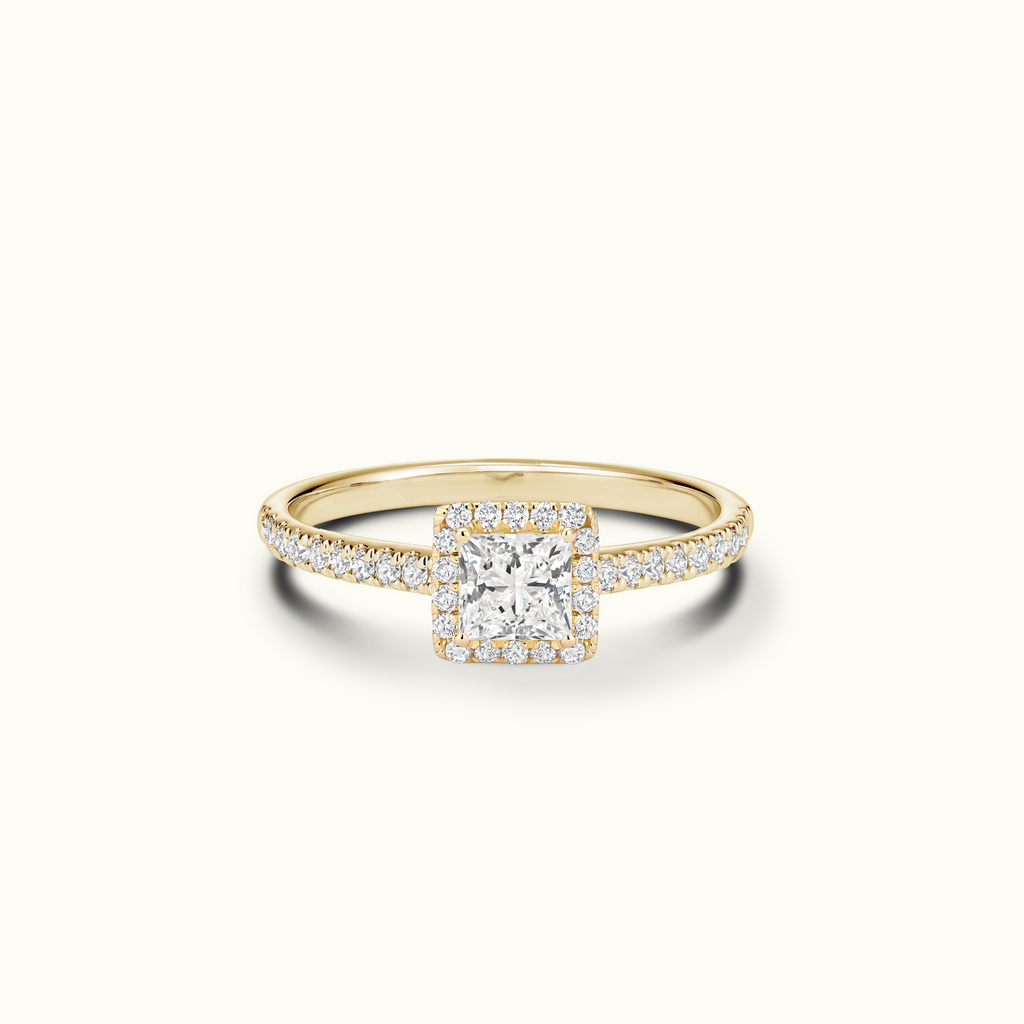 Jewellers District's Diamond Halo Engagement Ring with Diamond Bridge in 14k Yellow Gold, Princess