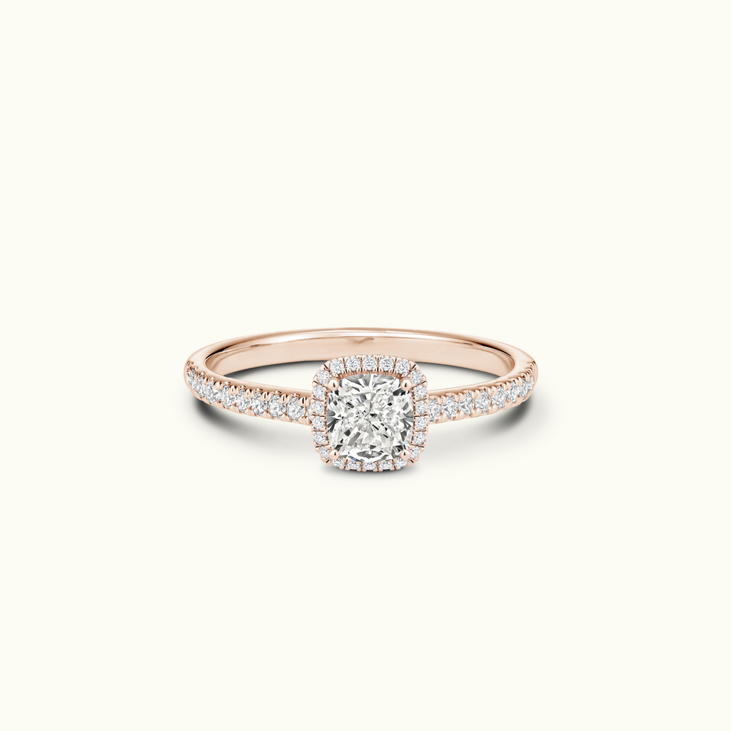 Jewellers District's Diamond Halo Engagement Ring with Diamond Bridge in 14k Rose Gold, Cushion