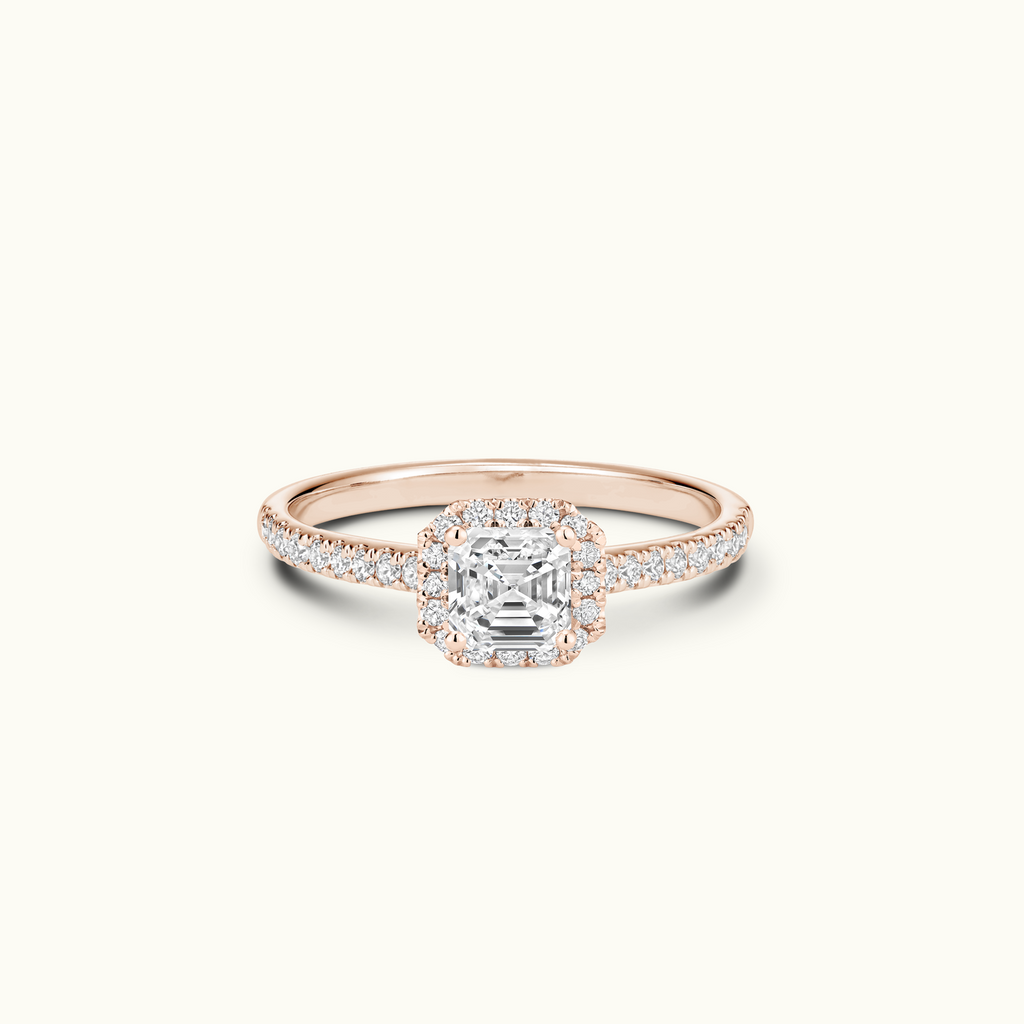 Jewellers District's Diamond Halo Engagement Ring with Diamond Bridge in 14k Rose Gold, Asscher