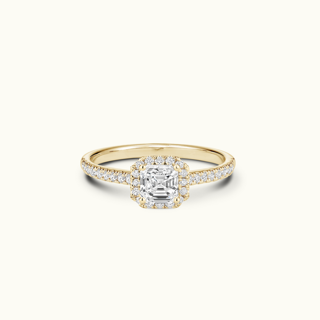 Jewellers District's Diamond Halo Engagement Ring with Diamond Bridge in 14k Yellow Gold, Asscher