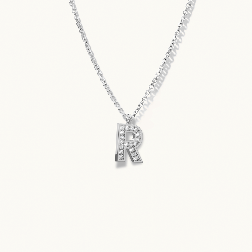 Jewellers District's Initial Diamond Pavé Necklace : R in 14k White Gold