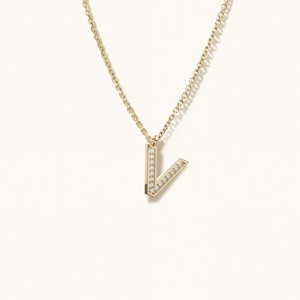 Jewellers District's Initial Diamond Pavé Necklace : V in 14k Yellow Gold