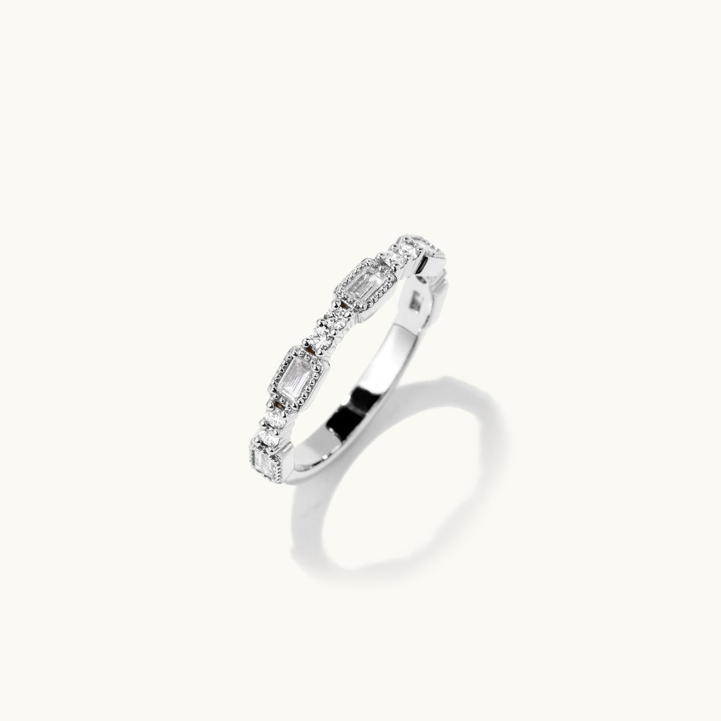 Standing view of Jewellers District's Milgrain Diamond Wedding Ring in 14k White Gold