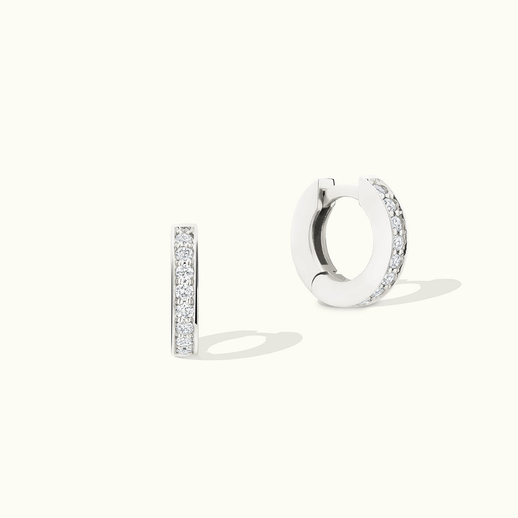 Face view of Jewellers District's Diamond Hoop Earrings with Bright-Cut Setting in 14k White Gold