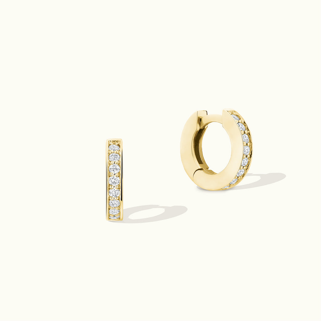 Face view of Jewellers District's Diamond Hoop Earrings with Bright-Cut Setting in 14k Yellow Gold