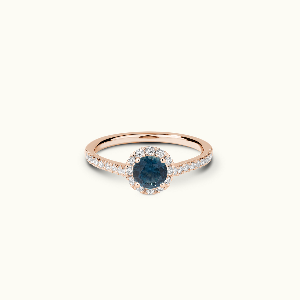 Jewellers District's Blooming Australian Sapphire Halo Engagement Ring with Accent Diamond in 14k Rose Gold, Round