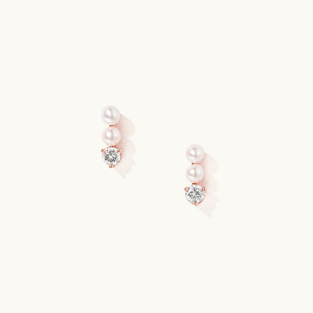 Face view of Jewellers District's Three-Stone Pearl and Diamond Bar Earrings in 14k Rose Gold