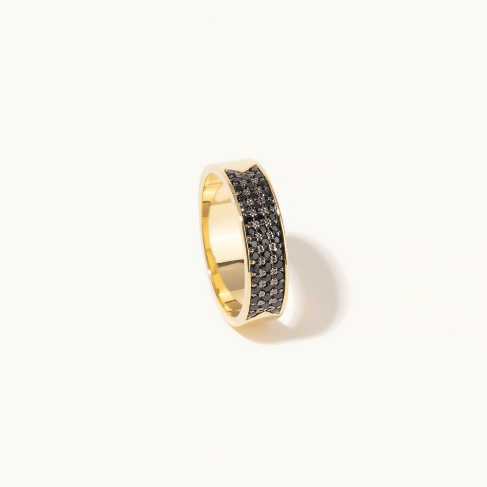 Standing view of Jewellers District's Black Spinel Pavé Geometric Ring in 14k Yellow Gold