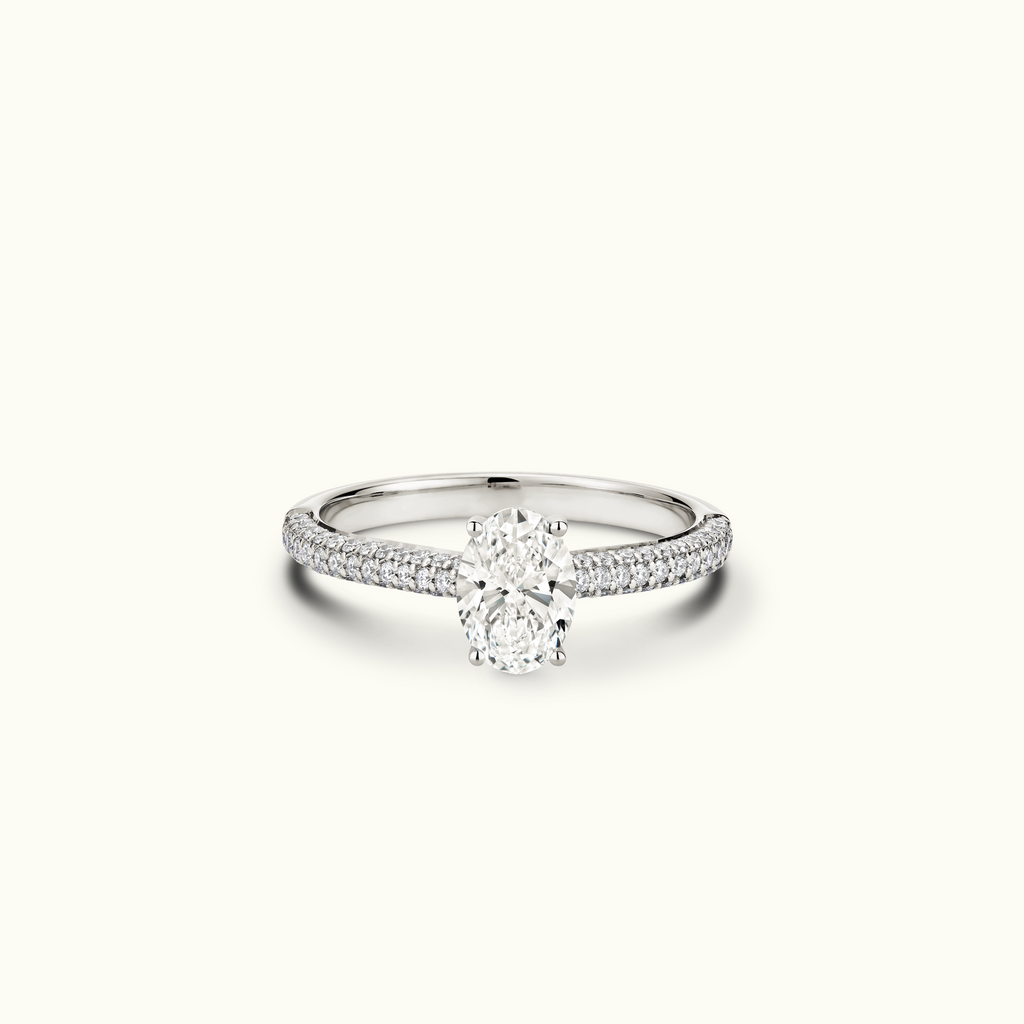 Jewellers District's Diamond Engagement Ring with Signature Knot-Basket and Micropavé Band in 14k White Gold, Oval