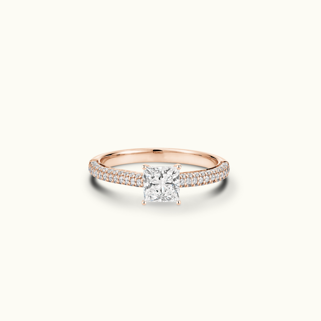 Jewellers District's Diamond Engagement Ring with Signature Knot-Basket and Micropavé Band in 14k Rose Gold, Princess