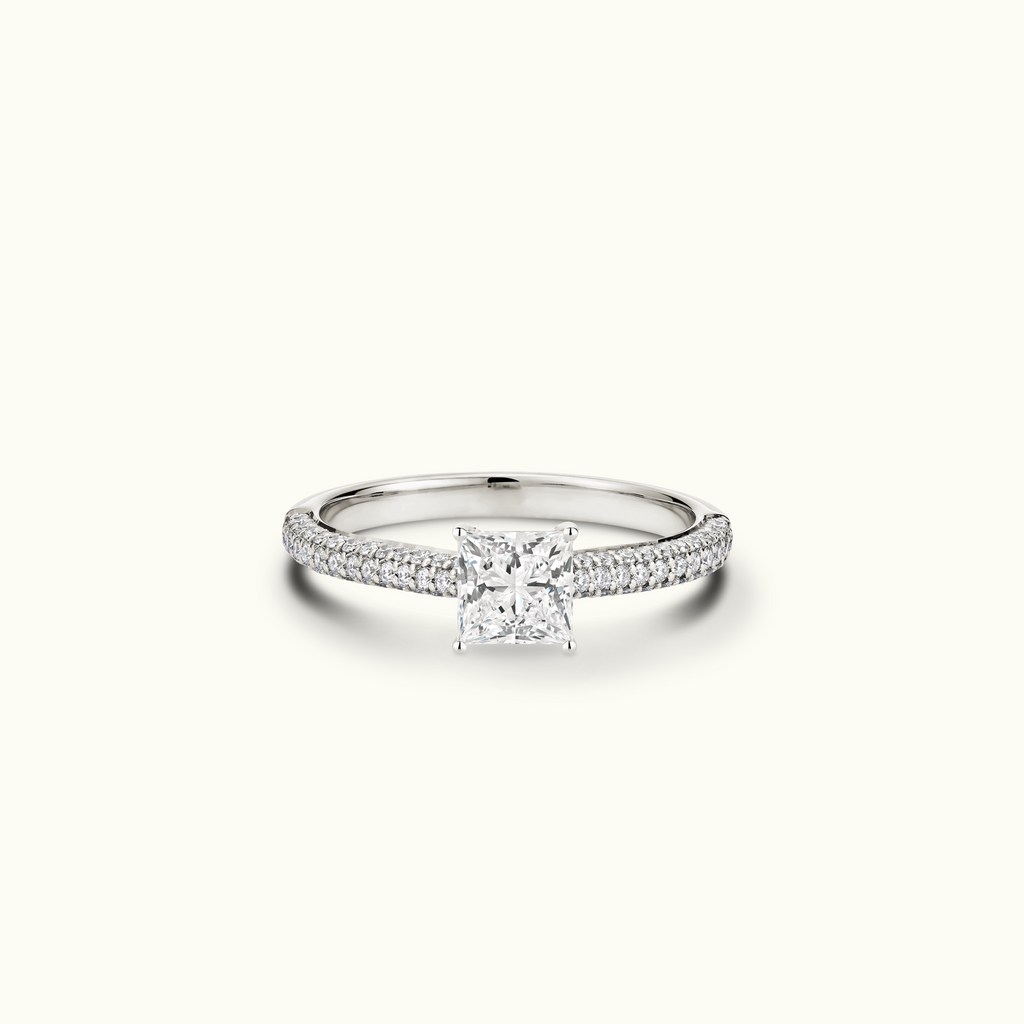 Jewellers District's Diamond Engagement Ring with Signature Knot-Basket and Micropavé Band in 14k White Gold, Princess