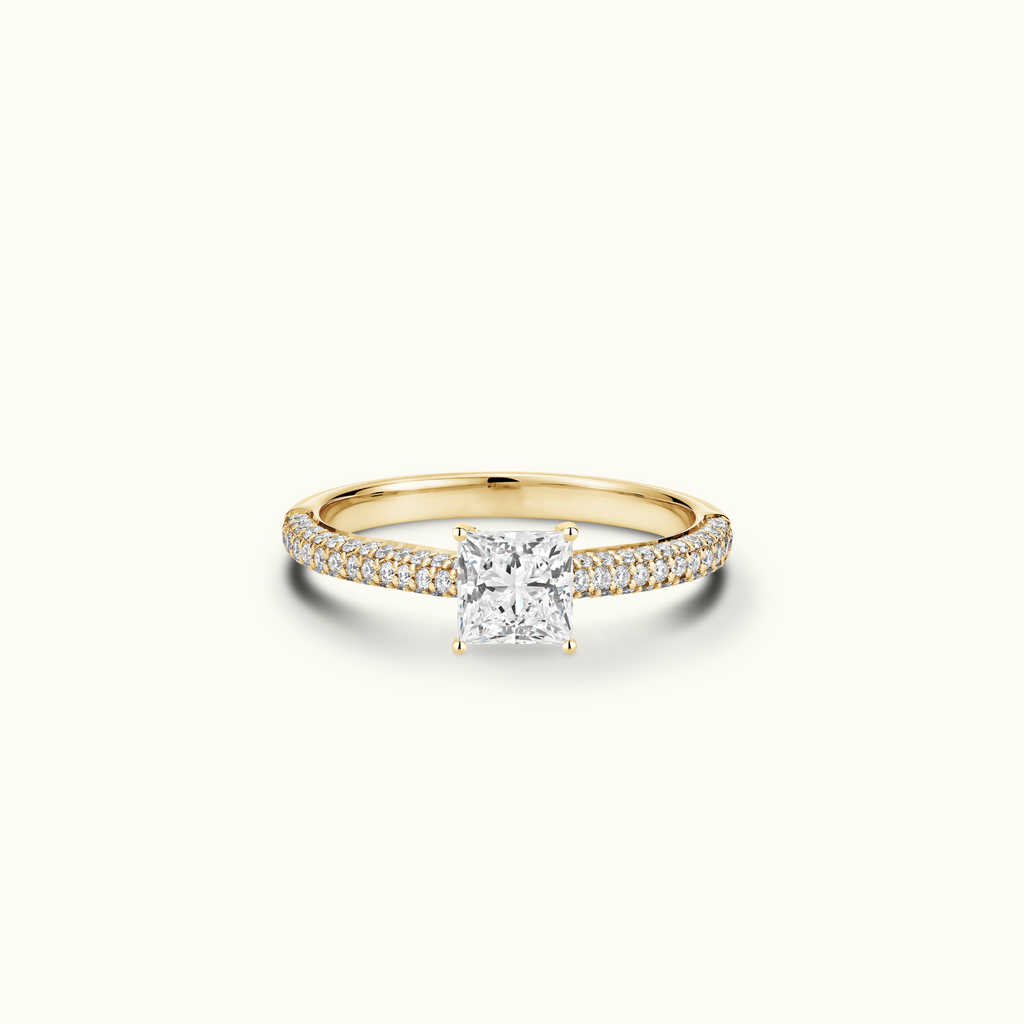 Jewellers District's Diamond Engagement Ring with Signature Knot-Basket and Micropavé Band in 14k Yellow Gold, Princess