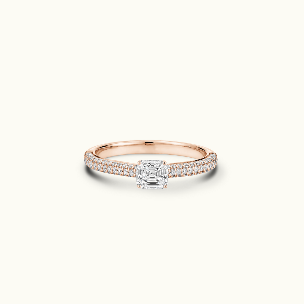 Jewellers District's Diamond Engagement Ring with Signature Knot-Basket and Micropavé Band in 14k Rose Gold, Asscher