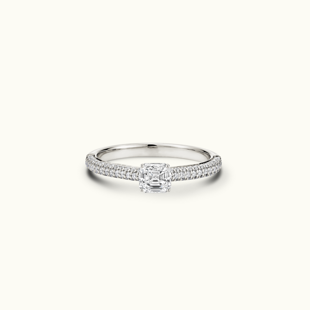 Jewellers District's Diamond Engagement Ring with Signature Knot-Basket and Micropavé Band in 14k White Gold, Asscher