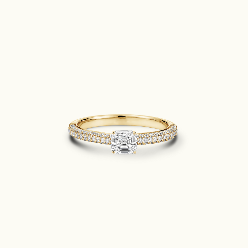 Jewellers District's Diamond Engagement Ring with Signature Knot-Basket and Micropavé Band in 14k Yellow Gold, Asscher