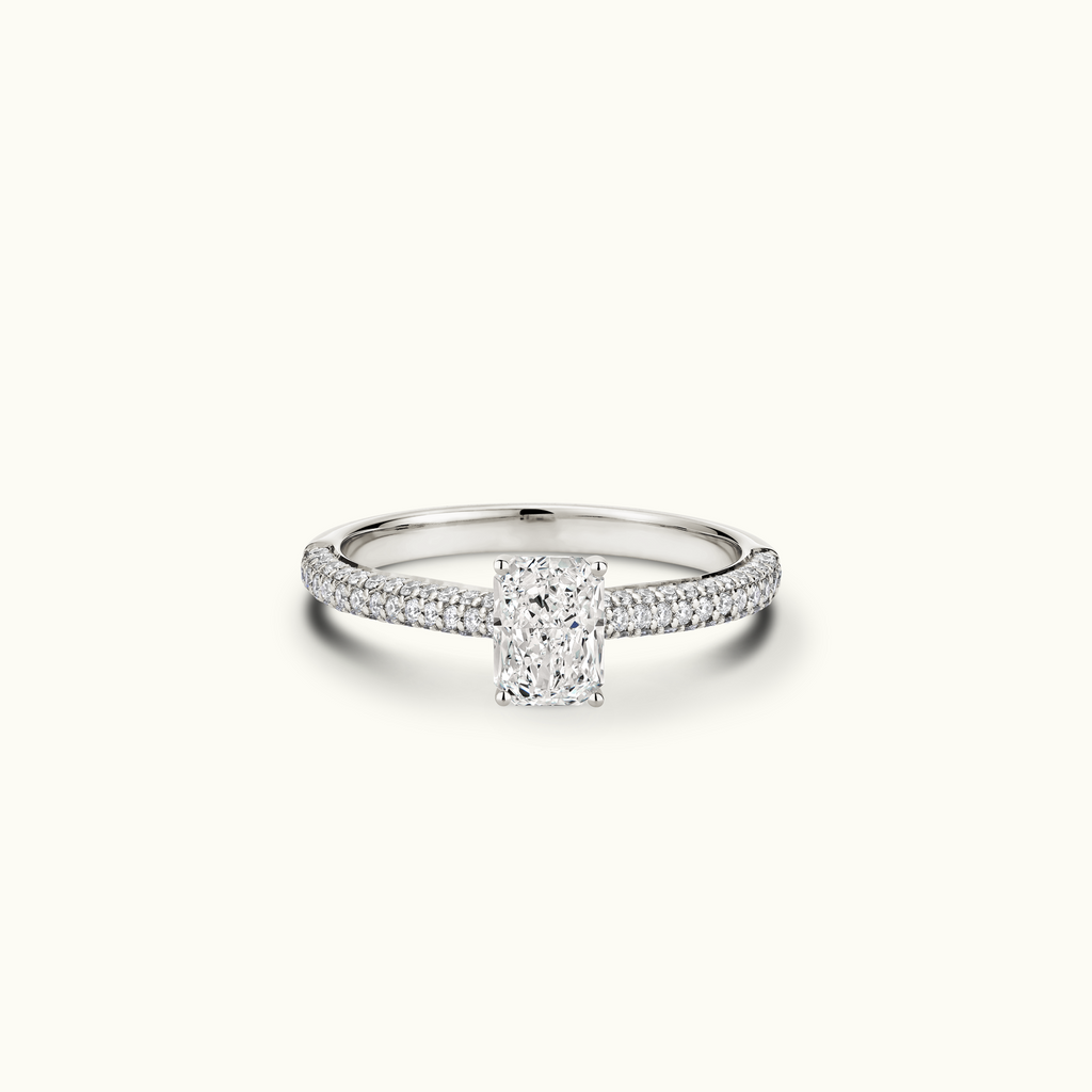 Jewellers District's Diamond Engagement Ring with Signature Knot-Basket and Micropavé Band in 14k White Gold, Radiant