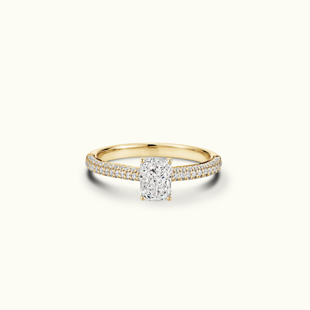 Jewellers District's Diamond Engagement Ring with Signature Knot-Basket and Micropavé Band in 14k Yellow Gold, Radiant