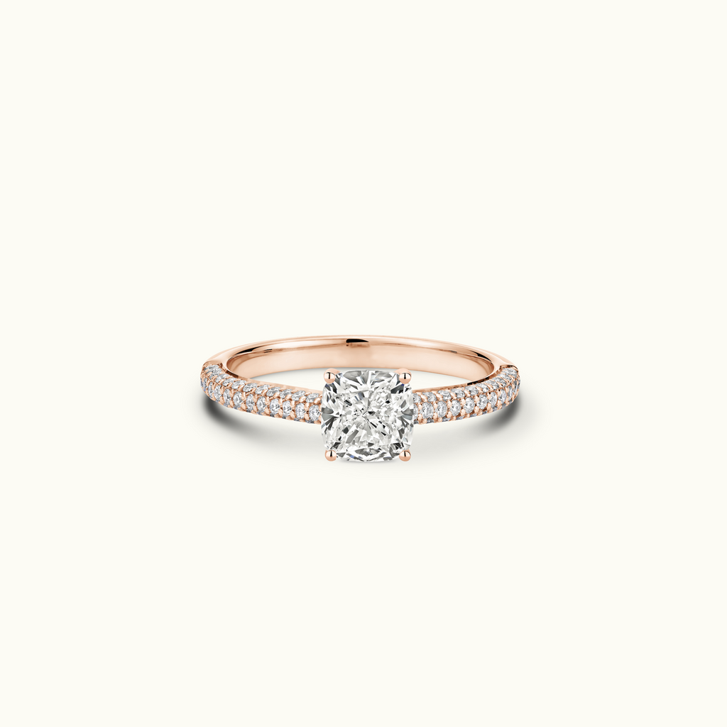 Jewellers District's Diamond Engagement Ring with Signature Knot-Basket and Micropavé Band in 14k Rose Gold, Cushion