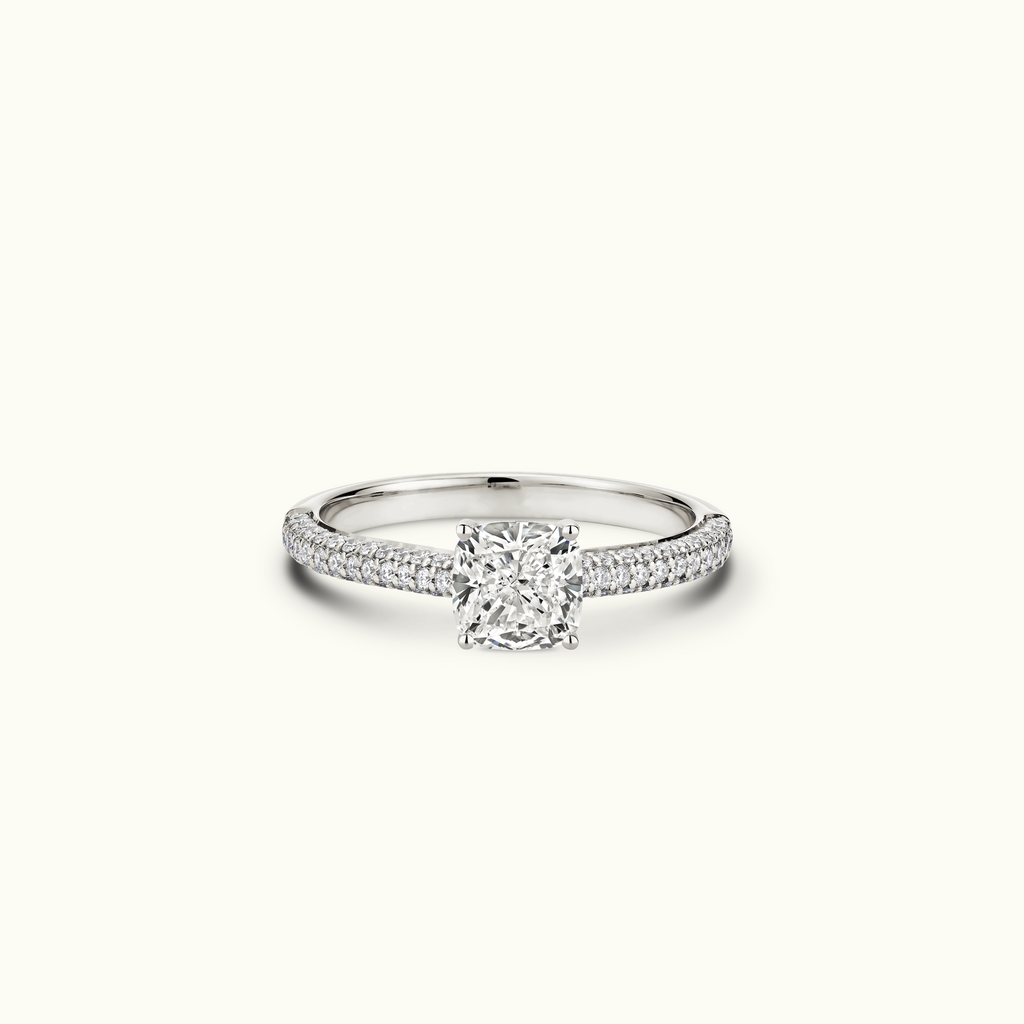 Jewellers District's Diamond Engagement Ring with Signature Knot-Basket and Micropavé Band in 14k White Gold, Cushion