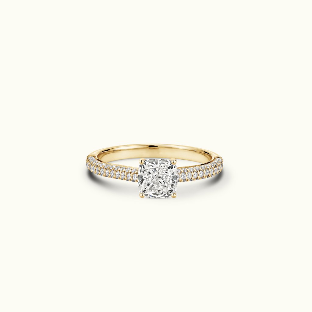 Jewellers District's Diamond Engagement Ring with Signature Knot-Basket and Micropavé Band in 14k Yellow Gold, Cushion