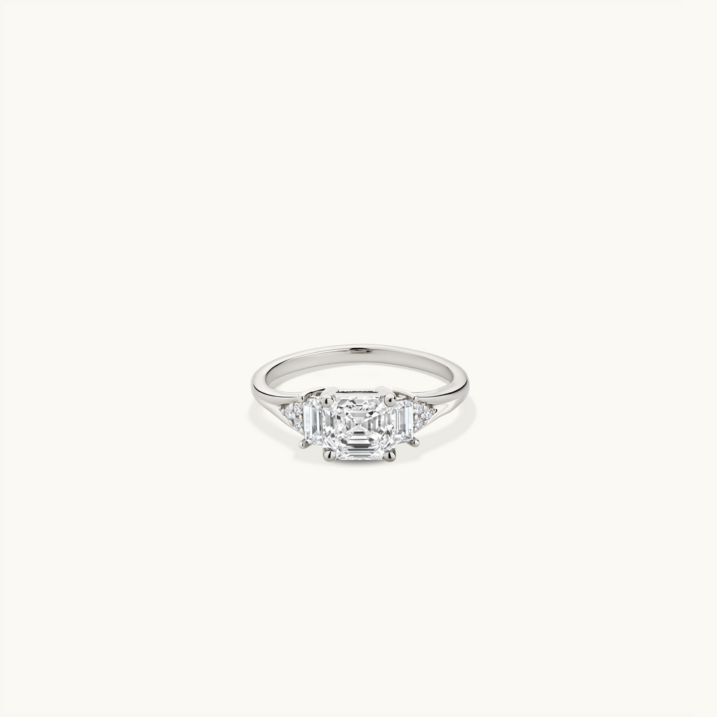 Jewellers District's Three-Stone Engagement ring with Cluster Side Diamonds in 14k White Gold, Asscher