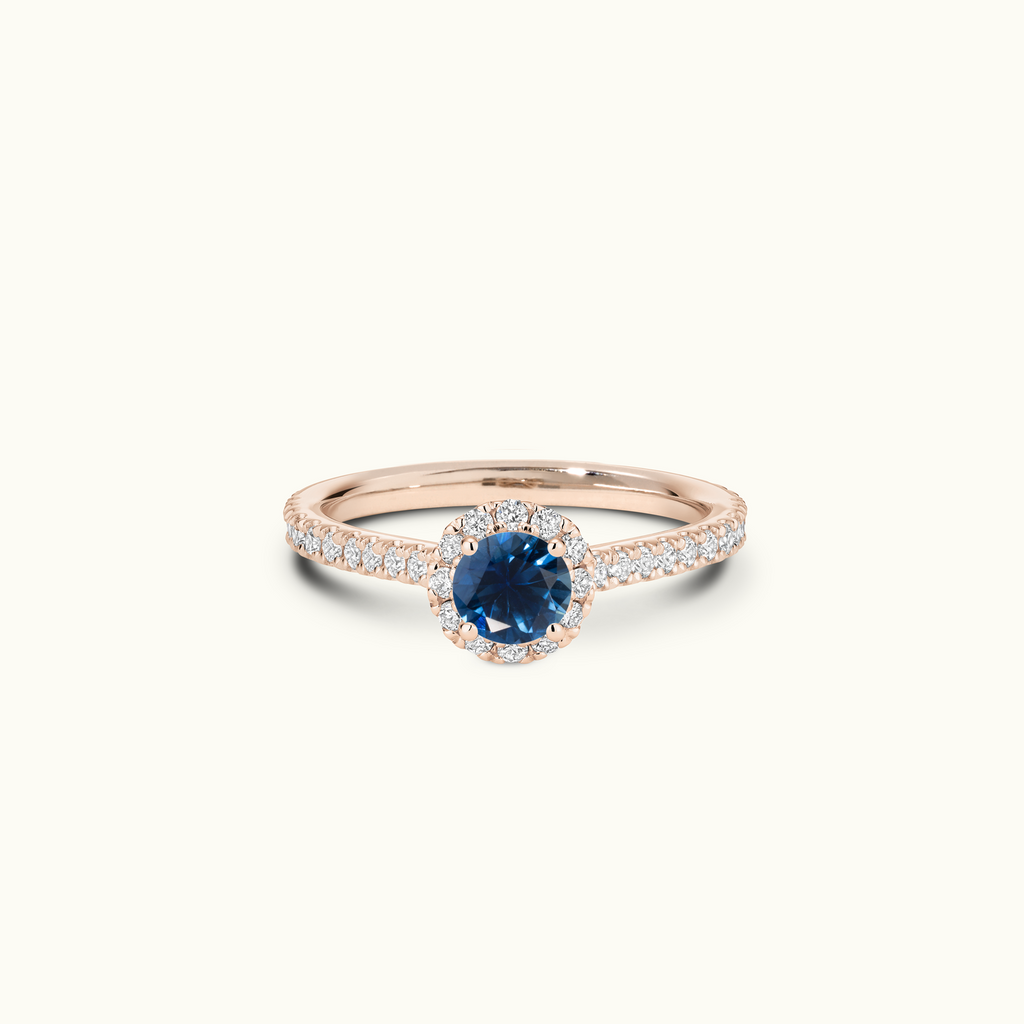 Jewellers District's Cathedral-Setting Royal Sapphire Halo Engagement Ring with Diamond Band in 14k Rose Gold, Round