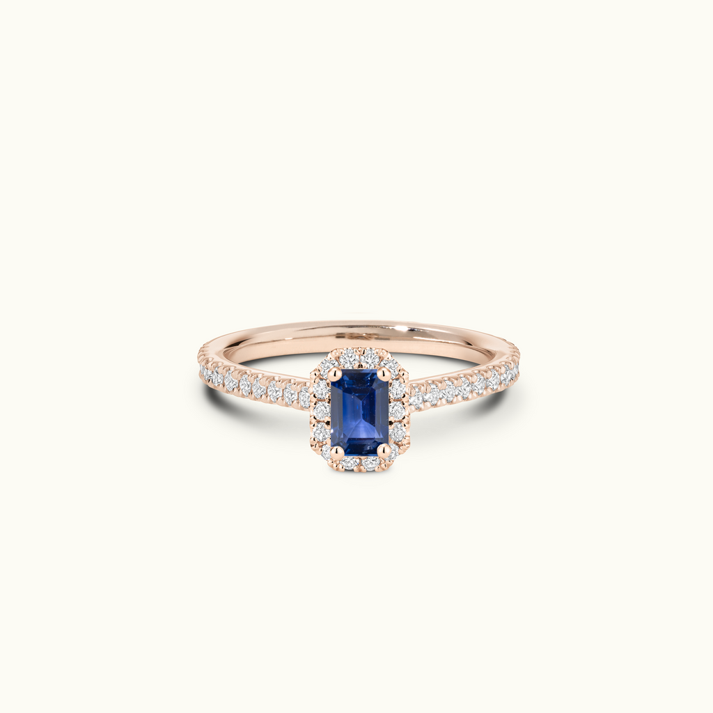 Jewellers District's Cathedral-Setting Royal Sapphire Halo Engagement Ring with Diamond Band in 14k Rose Gold, Emerald