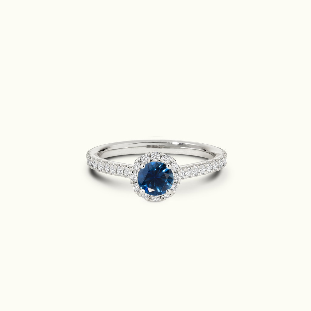 Jewellers District's Cathedral-Setting Royal Sapphire Halo Engagement Ring with Diamond Band in 14k White Gold, Round