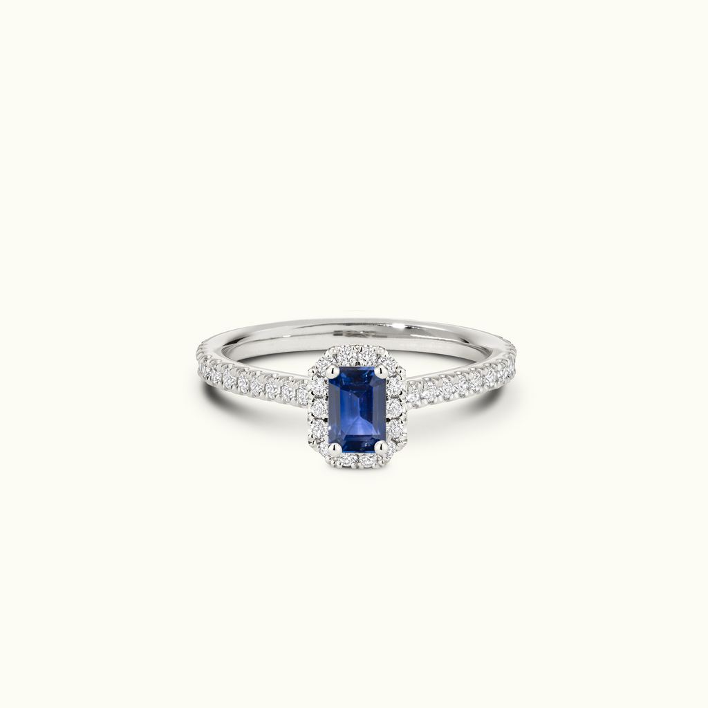 Jewellers District's Cathedral-Setting Royal Sapphire Halo Engagement Ring with Diamond Band in 14k White Gold, Emerald