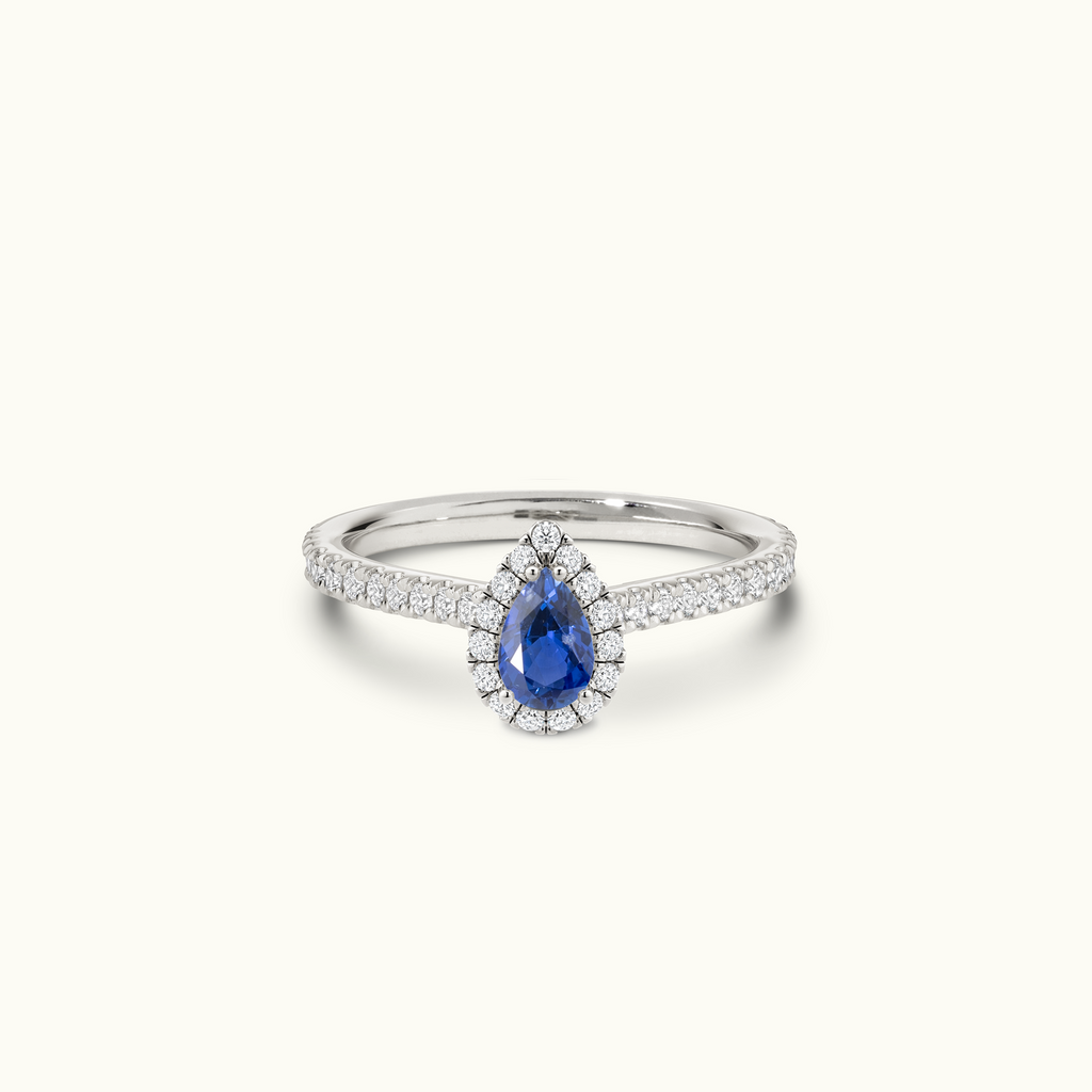 Jewellers District's Cathedral-Setting Royal Sapphire Halo Engagement Ring with Diamond Band in 14k White Gold, Pear