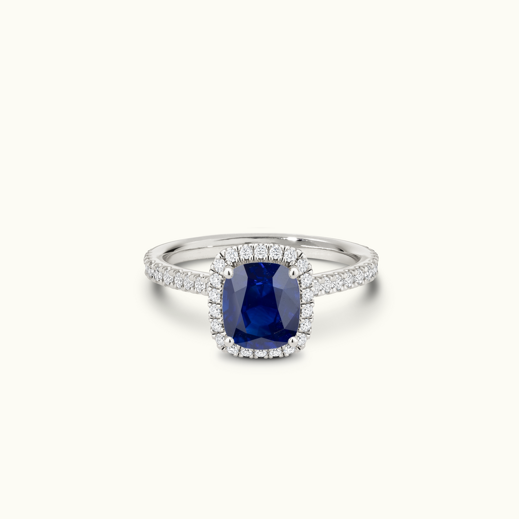 Jewellers District's Cathedral-Setting Royal Sapphire Halo Engagement Ring with Diamond Band in 14k White Gold, Asscher #2