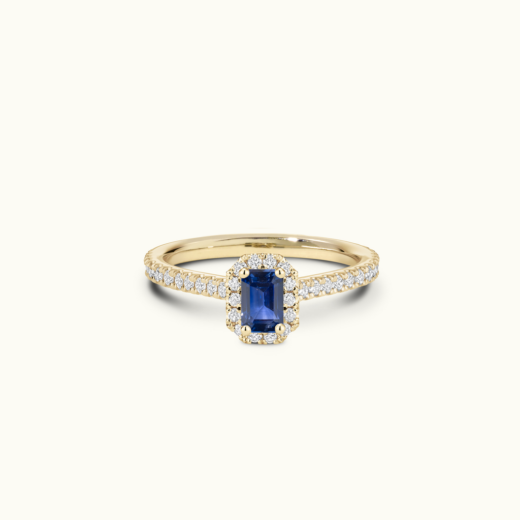 Jewellers District's Cathedral-Setting Royal Sapphire Halo Engagement Ring with Diamond Band in 14k Yellow Gold, Emerald