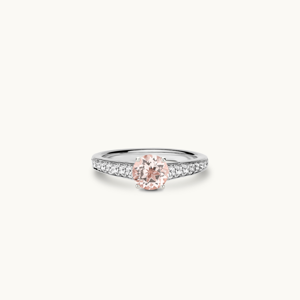 Jewellers District's Vintage Morganite Engagement Ring with Bright-Cut Pavé in 14k White Gold, Round