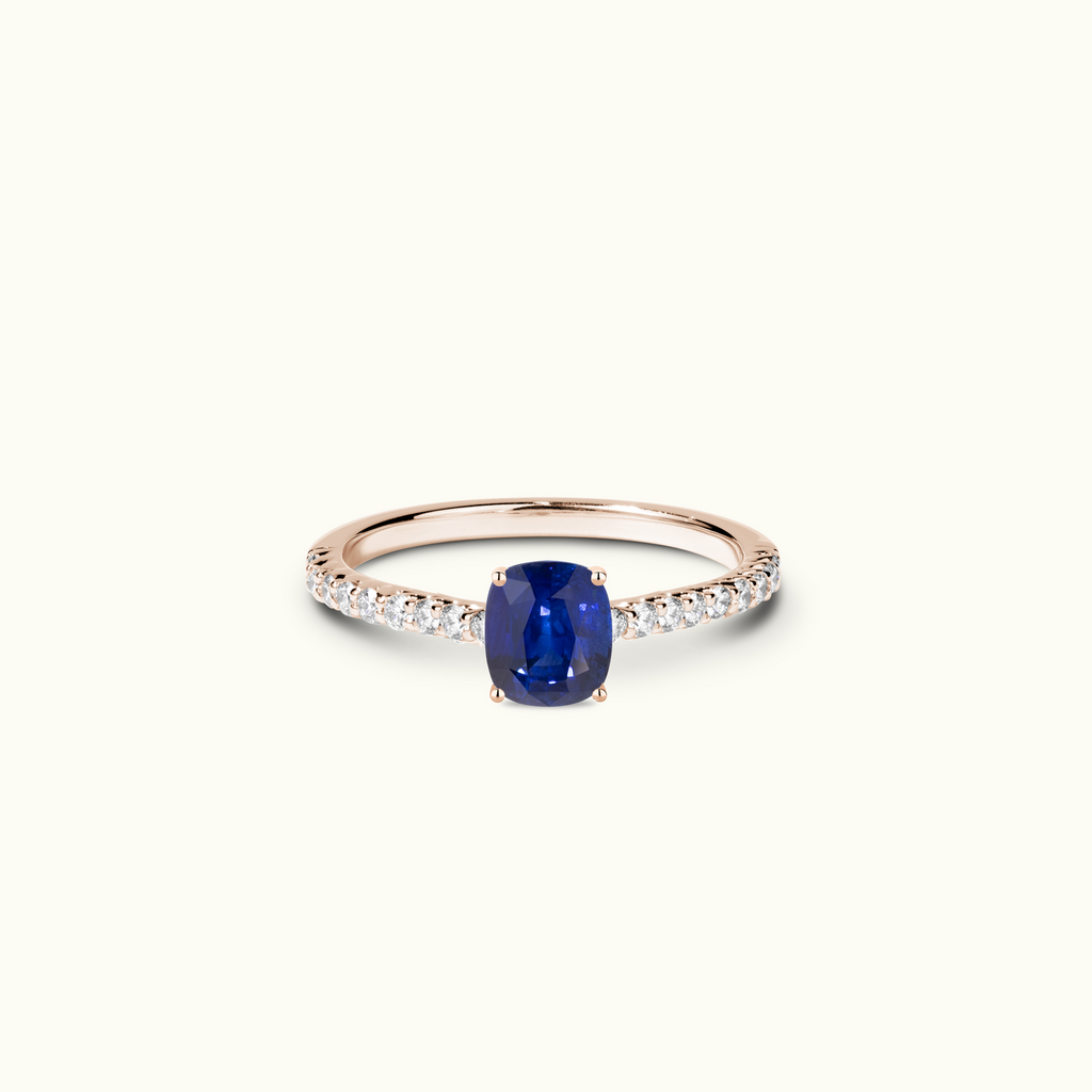 Jewellers District's Twist Cathedral-Setting Royal Sapphire Engagement Ring in 14k Rose Gold, Cushion