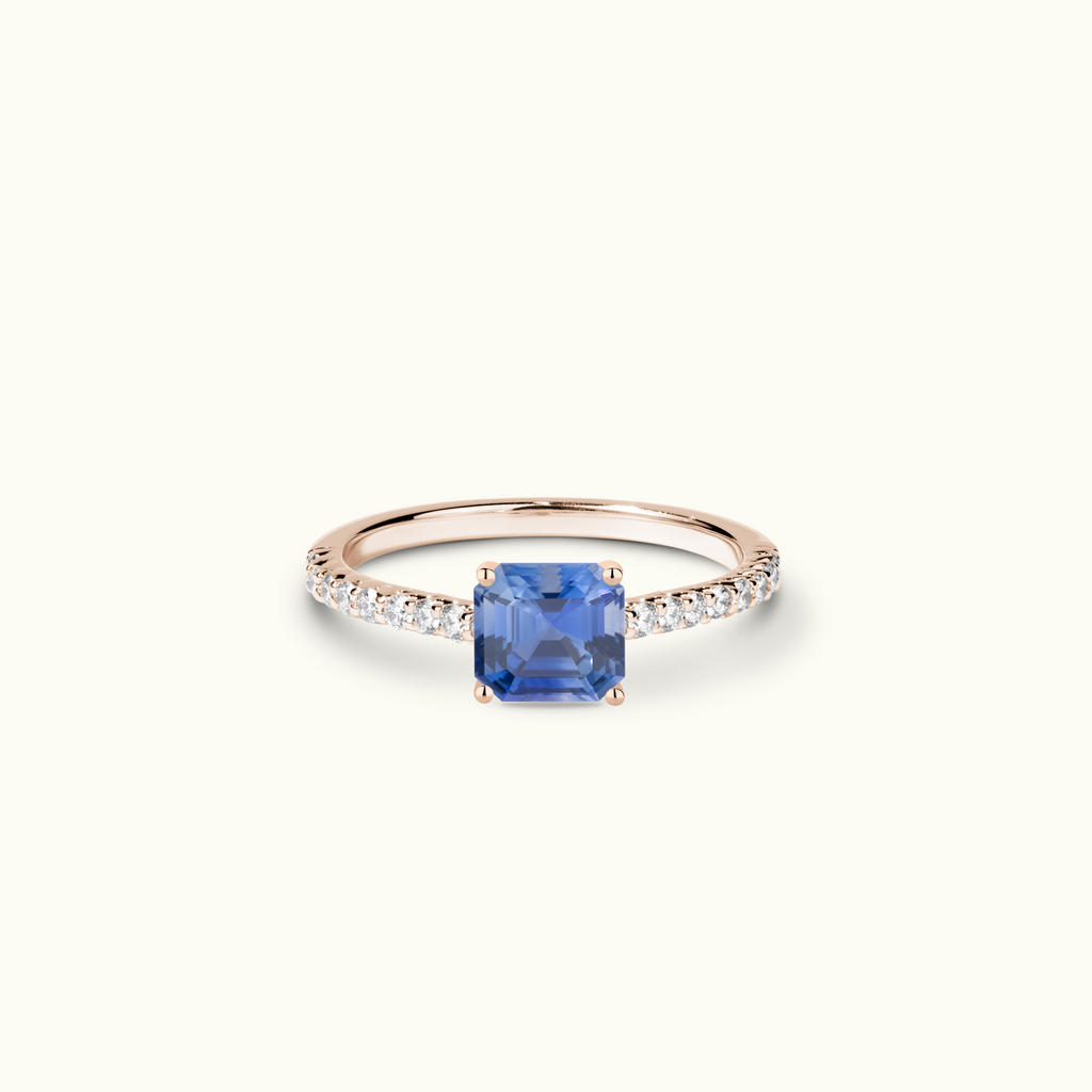 Jewellers District's Twist Cathedral-Setting Royal Sapphire Engagement Ring in 14k Rose Gold, Asscher