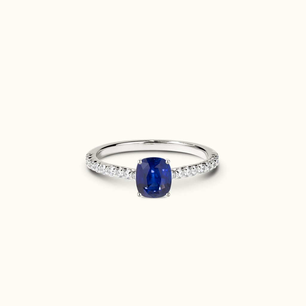 Jewellers District's Twist Cathedral-Setting Royal Sapphire Engagement Ring in 14k White Gold, Cushion