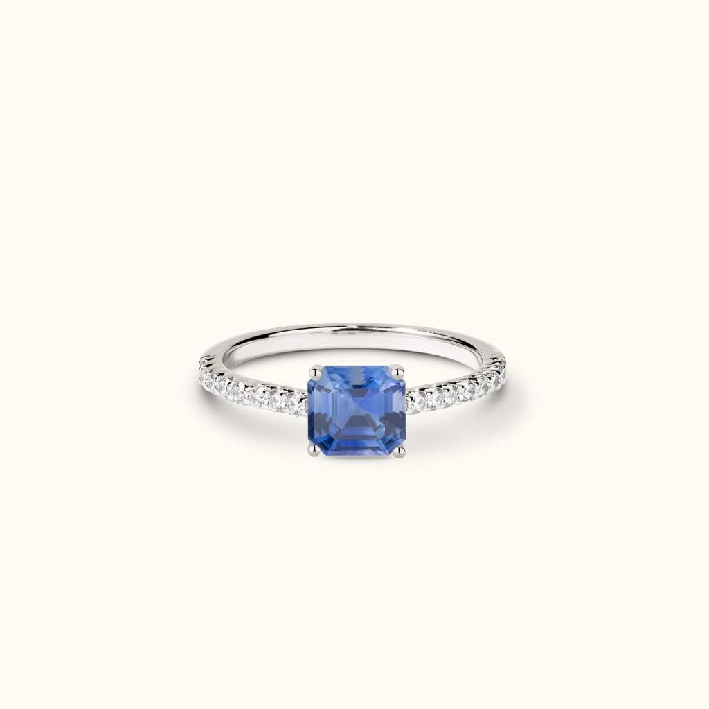 Jewellers District's Twist Cathedral-Setting Royal Sapphire Engagement Ring in 14k White Gold, Asscher