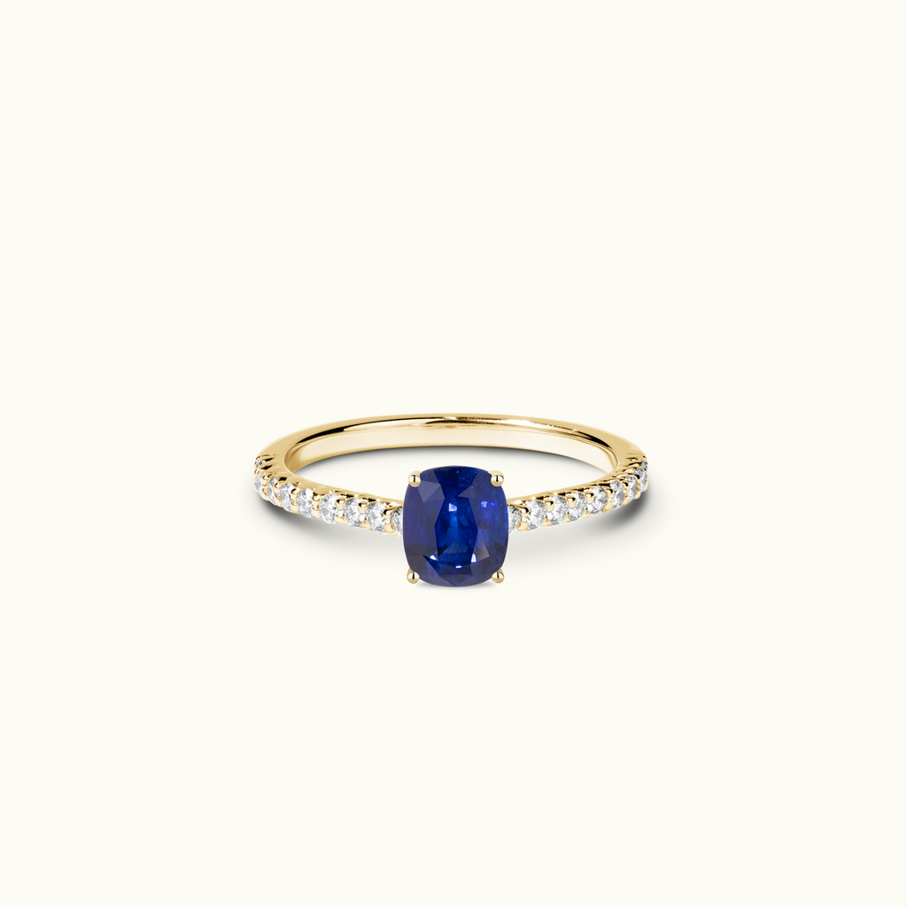 Jewellers District's Twist Cathedral-Setting Royal Sapphire Engagement Ring in 14k Yellow Gold, Cushion